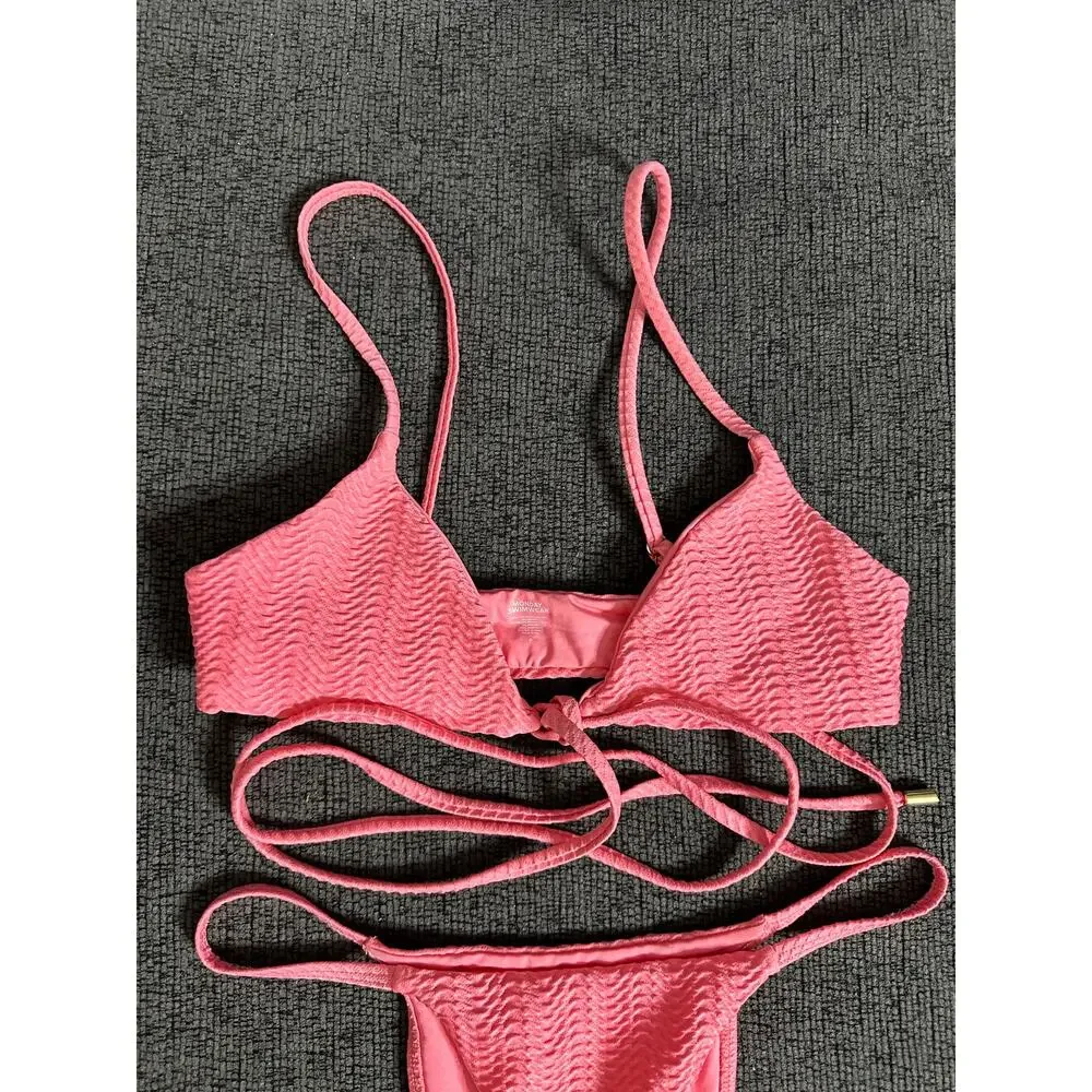 Monday Swimwear St.martin Bikini Top Bottom Set Textured in Azalea Pink size P/S